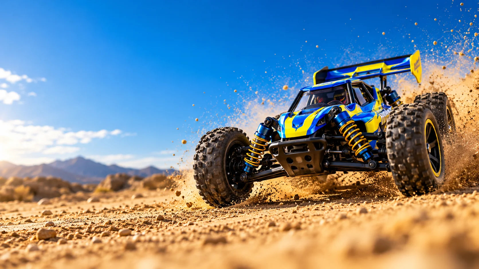 Blue and yellow remote-control racing toy on a dirt track